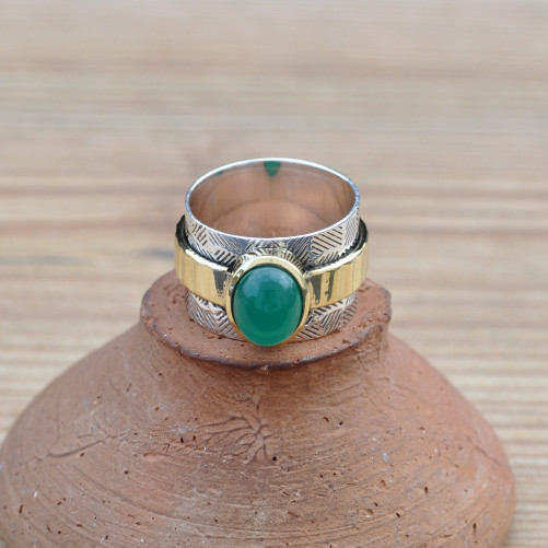 Anneau large strié en argent et pierre ovale Agate verte (vert)