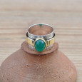 Anneau large strié en argent et pierre ovale Agate verte (vert) T58