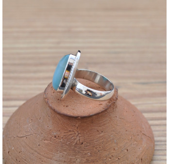 Petite bague asymétrique en pierre Larimar et argent strié T52