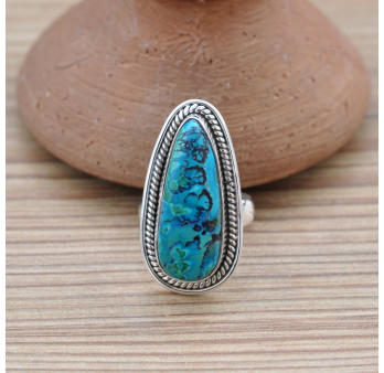 Bague longue goutte pierre Azurite Malachite argent strié T54