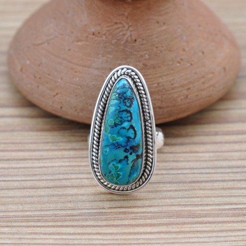 Bague longue goutte pierre Azurite Malachite argent strié T54