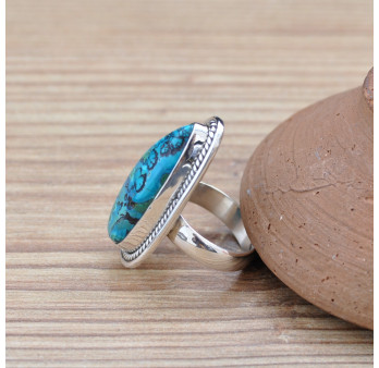 Bague longue goutte pierre Azurite Malachite argent strié T54
