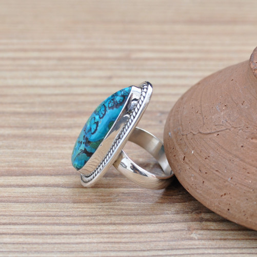 Bague longue goutte pierre Azurite Malachite argent strié T54