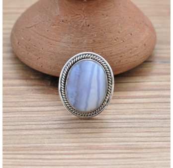 NEW ! Bague ovale en argent strié et pierre AGATE rubanée T50