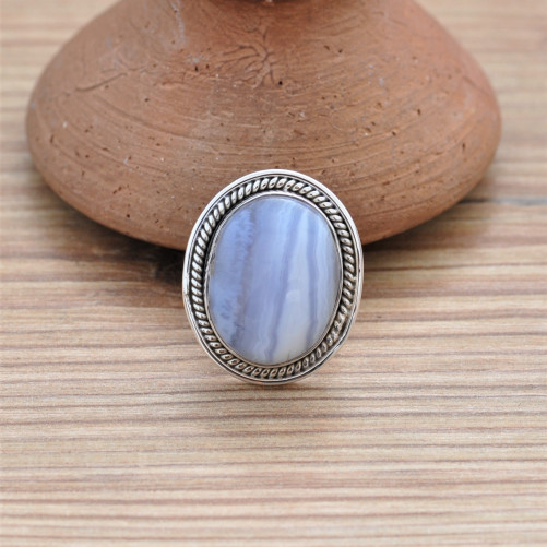 NEW ! Bague ovale en argent strié et pierre AGATE rubanée T50