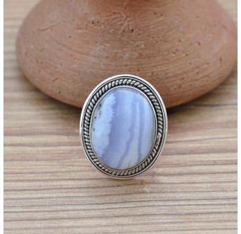 NEW ! Bague ovale en argent strié et pierre AGATE rubanée T52
