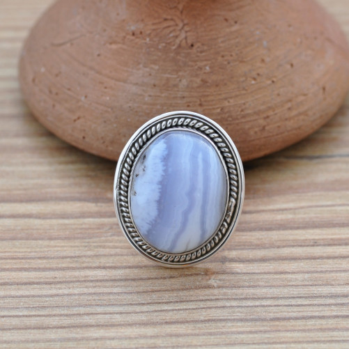 NEW ! Bague ovale en argent strié et pierre AGATE rubanée T52