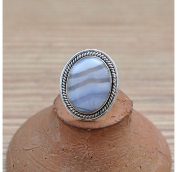 NEW ! Bague ovale pierre AGATE rubanée et argent strié main T54