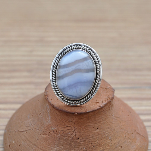 NEW ! Bague ovale pierre AGATE rubanée et argent strié main T54