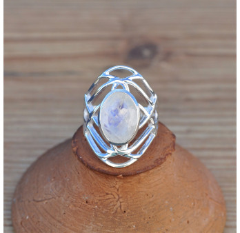 Belle bague Pierre de lune irisée argent ajouré stylisé