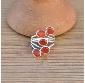 Bague 5 pierres ovales Cornaline anneaux argent strié (orange)