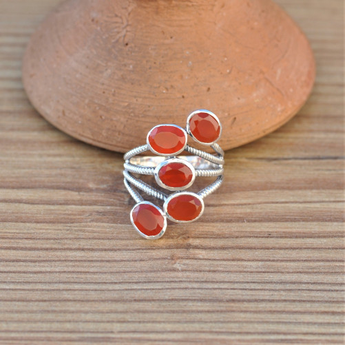 Bague 5 pierres ovales Cornaline anneaux argent strié (orange)