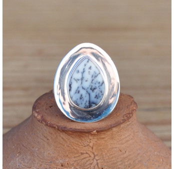 Bague goutte cerclage argent et pierre en Agate dendrite anneau plat (blanc)