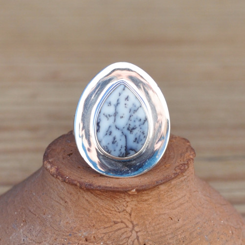 Bague goutte cerclage argent et pierre en Agate dendrite anneau plat (blanc)