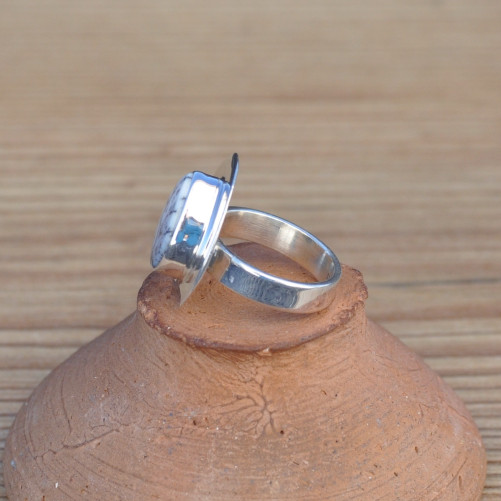 Bague goutte cerclage argent et pierre en Agate dendrite anneau plat (blanc) T51