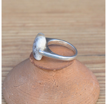 Bague pierre rectangulaire en Agate dendrite sur anneau massif argent (blanc) T56