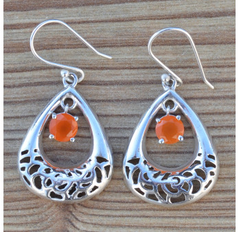 Boucles d'oreilles ajourées pierre ronde pendante en Cornaline (orange)