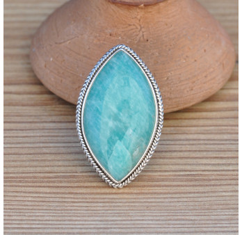 Grosse bague navette pierre naturelle Amazonite et argent tressé (vert)