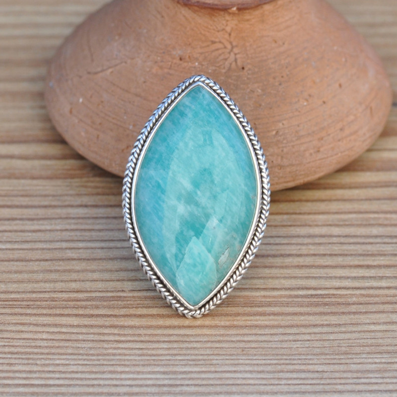 Grosse bague navette pierre naturelle Amazonite et argent tressé (vert)