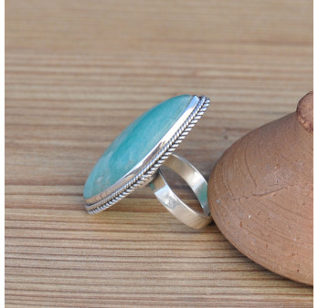 Grosse bague navette pierre naturelle Amazonite et argent tressé (vert) T58