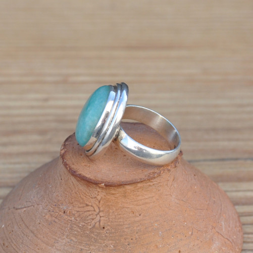 Bague ovale monture argent pierre naturelle Amazonite (vert) T50