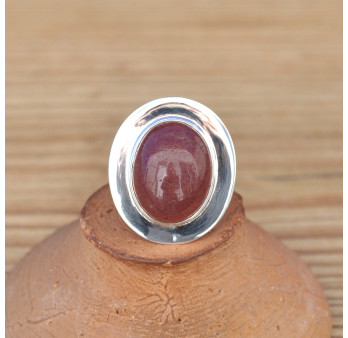 Bague ovale pierre naturelle Quartz strawberry et argent plat T56