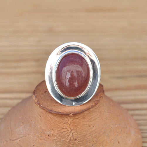 Bague ovale pierre naturelle Quartz strawberry et argent plat T56