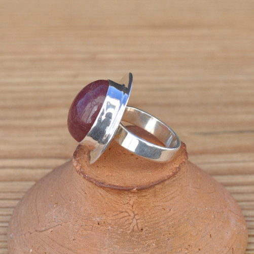 Bague ovale pierre naturelle Quartz strawberry et argent plat T56