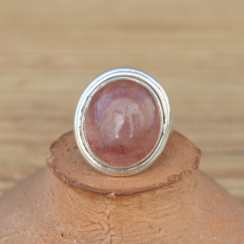 Bague ovale argent 925 et pierre naturelle Quartz strawberry T52