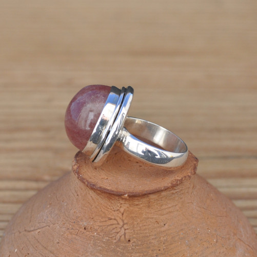 Bague ovale argent 925 et pierre naturelle Quartz strawberry T52