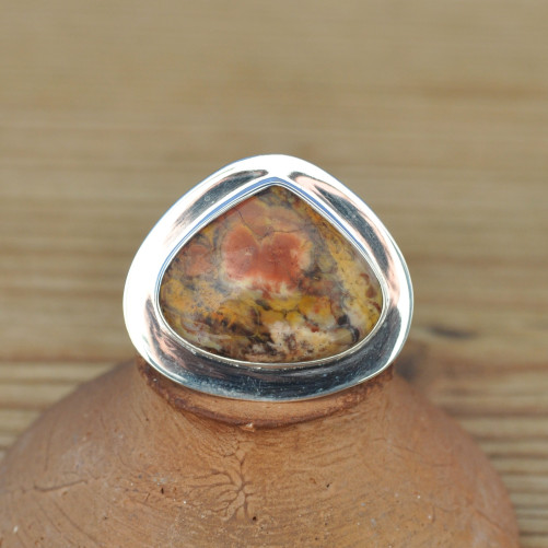 Belle bague goutte large en argent plat et Jaspe