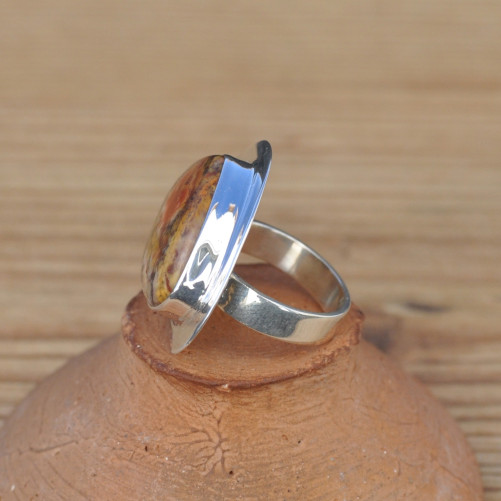 Belle bague goutte large en argent plat et Jaspe T56