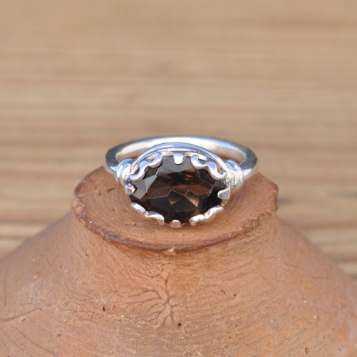 Bague couronne en argent et pierre naturelle Quartz fumé