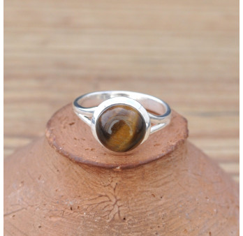 Petite bague en argent et pierre Oeil de tigre ronde T57