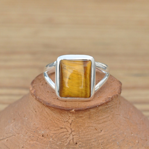 Bague rectangulaire en pierre naturelle Oeil de tigre et argent T59