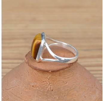 Bague rectangulaire en pierre naturelle Oeil de tigre et argent T59