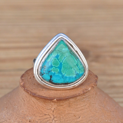 Bague goutte en Azurite Malachite et monture double argent T50