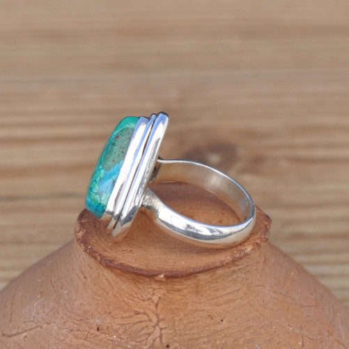Bague goutte en Azurite Malachite et monture double argent T50