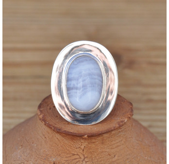 Bague ovale en pierre naturelle AGATE rubanée et argent plat T56
