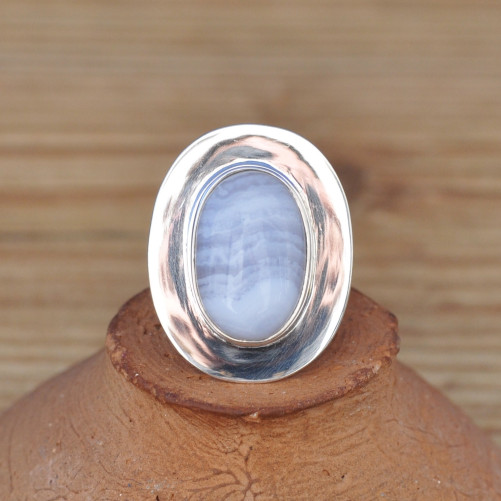 Bague ovale en pierre naturelle AGATE rubanée et argent plat T56