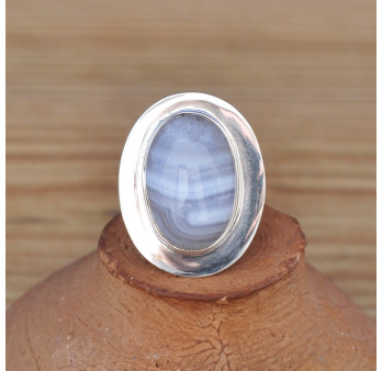 Bague ovale en pierre naturelle AGATE rubanée et argent plat T52