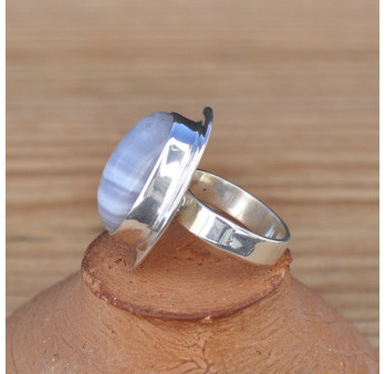 Bague ovale en pierre naturelle Agate rubanée et argent plat T52