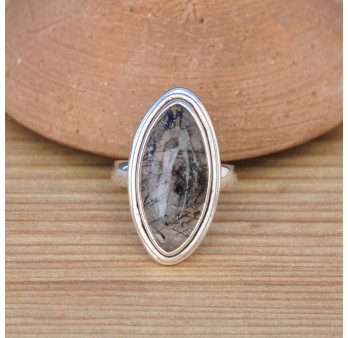 Bague navette en pierre Quartz tourmaline et argent 925 T52