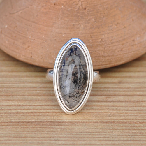 Bague navette en pierre Quartz tourmaline et argent 925 T52