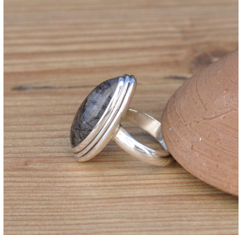 Bague navette en pierre Quartz tourmaline et argent 925 T52