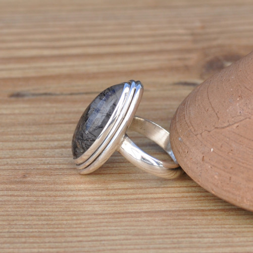 Bague navette en pierre Quartz tourmaline et argent 925 T52