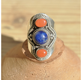 Bague en argent ethnique 3 pierres naturelles Lapis lazuli et Corail T57