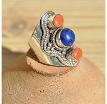 Bague en argent ethnique 3 pierres naturelles Lapis lazuli et Corail T57