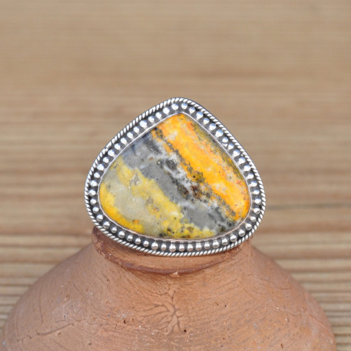 Belle bague goutte large en argent plat et Jaspe bourdon