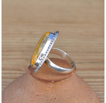 Belle bague goutte large en argent plat et Jaspe bourdon (jaune) T57